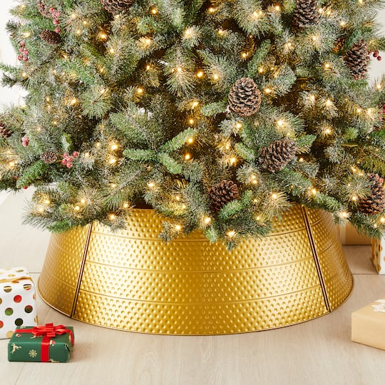 Glitzhome® 40.5" Christmas Gold Hammered Metal Tree Collar Michaels Gold Christmas Tree Collar